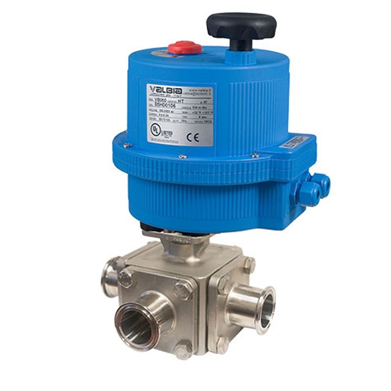 Bonomi E97T-STC with 97T-STC Ball Valve T-Port S-Steel 3-way Sanitary Tri-Clamps and Valbia Electric Actuator Plastic Enclosure