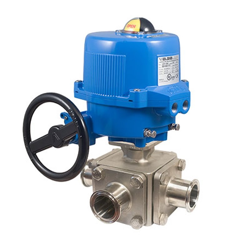 Bonomi ME97T-STC with 97T-STC Ball Valve T-Port S-Steel 3-way Sanitary Tri-Clamps and Valbia Electric Actuator Metal Enclosure