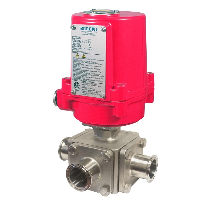 Bonomi EXME97L-STC con 97L-STC Válvula de bola acero inox. puerto L 3 vías Tri-Clamp 1000 psi y actuador a prueba de explosiones