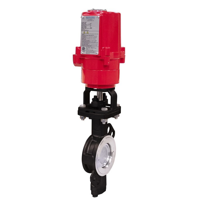 Bonomi EXME8100 con Ghibson 8100 Válvula mariposa alto rendimiento ANSI 150 acero carbon PTFE y actuador a prueba de explosion