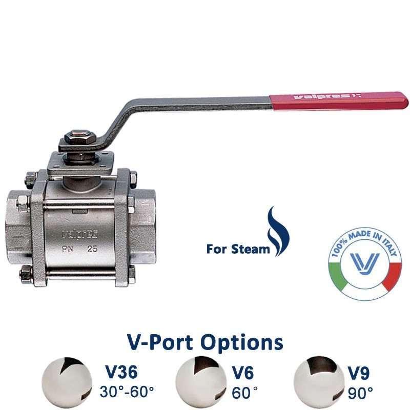 Valpres 710190V V-Ball valve FNPT thread 30-60° 60° 90° degrees V ports with Stainless Steel Body