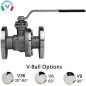 Valpres 760195V Válvula bola V Cuerpo dividido Brida ANSI 300 Acero Inoxidable Puerto 30°-60° 60° o 90° API607 ISO 5211 Doble D