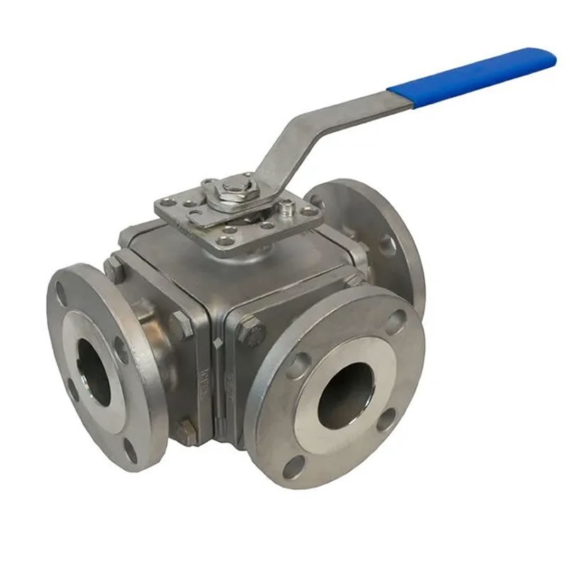 Jomar A766T Válvula bola Puerto T 3-vías Brida Conexión ANSI 150 200 WOG Acero inox. Puerto completo Montaje directo ISO 5211