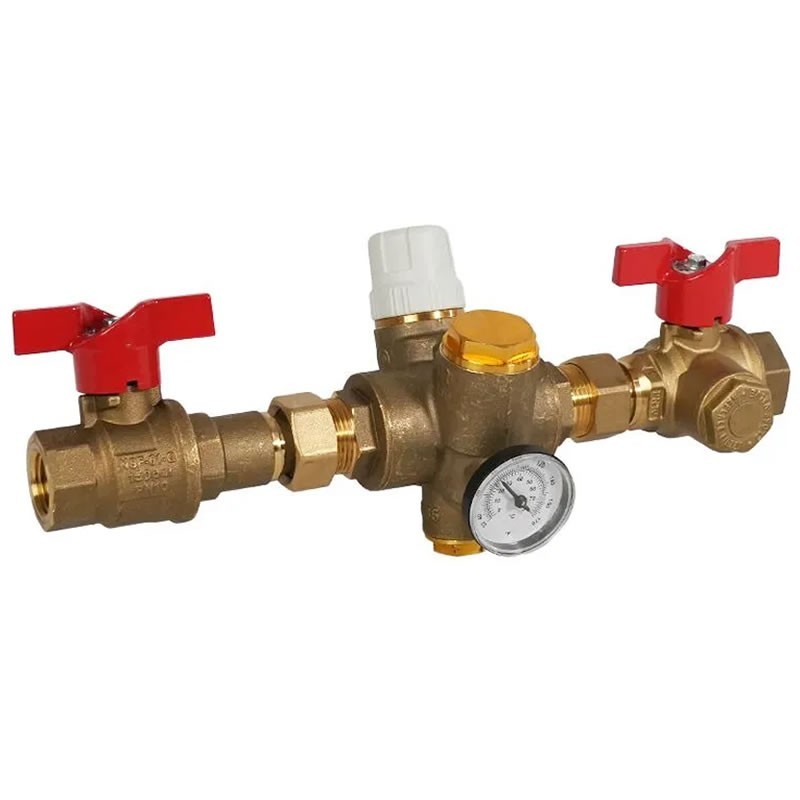 Jomar TB-120MFG Lead Free Thermostatic Balancing Valve Threaded 150 CWP with Thermometer Check Valve Dual Isolation & Strainer