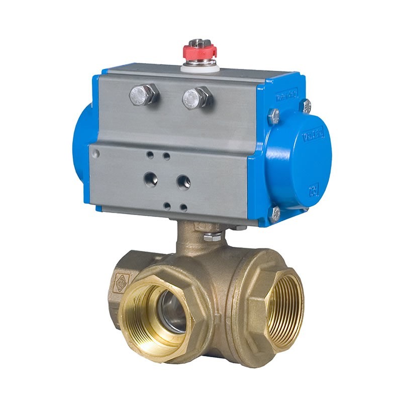 Bonomi 8P0129LF with 355NLF Lead Free Brass Ball Valve 3-way FNPT T-Port Pressure 400 WOG and Double Acting Pneumatic Actuator