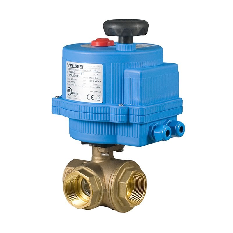 Bonomi 8E065LF with 355NLF Lead Free Brass Ball Valve 3-way FNPT T-Port 400 WOG and Valbia Electric Actuator Plastic enclosure