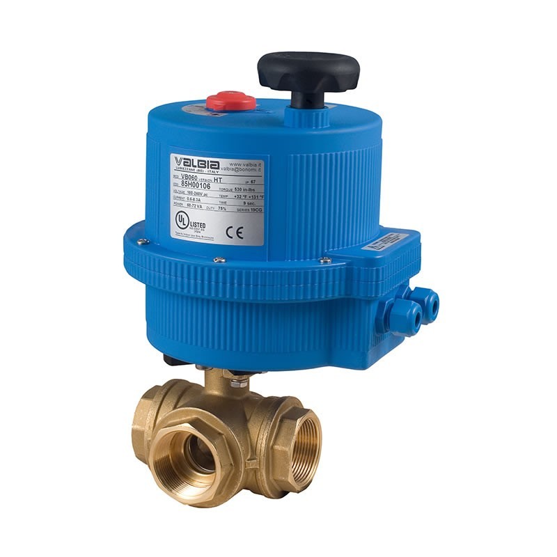 Bonomi 8E065 with 355N Brass Ball Valve 3-way T-Port FNPT 400 WOG and Valbia Electric Actuator Plastic enclosure