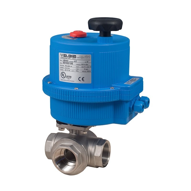 Bonomi 8E069 with 955N Ball Valve T-Port St.Steel 3-way FNPT 1000-800 psi and Valbia Electric Actuator Plastic enclosure