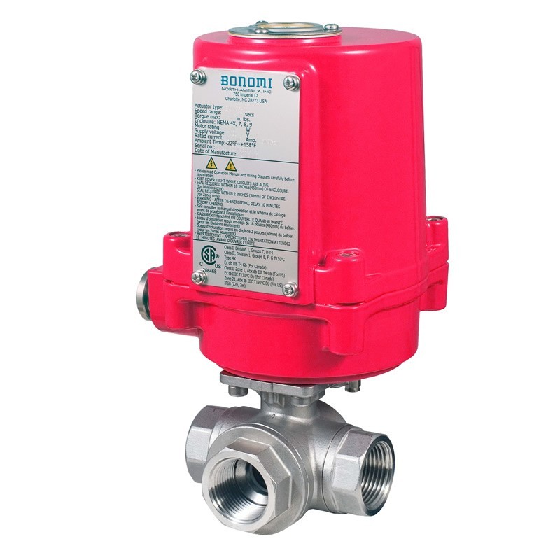 Bonomi EXM8E071 with 956N Ball Valve Full T-Port S-Steel 3-way FNPT 1000-800 psi and Bonomi Explosion Proof Electric Actuator